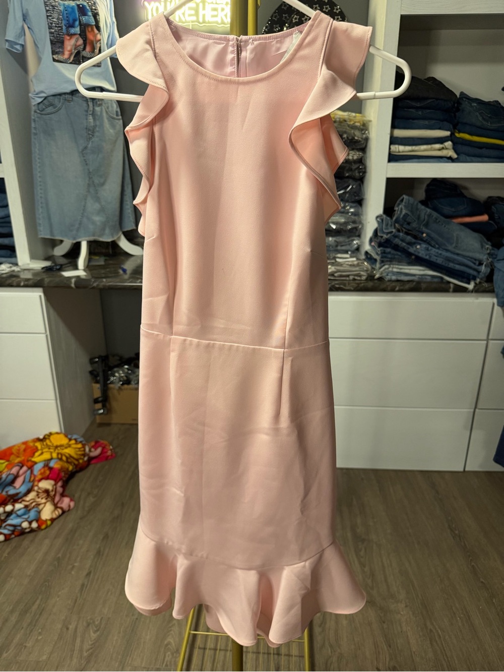 Likely Pale Pink Ruffle Shoulder Dress